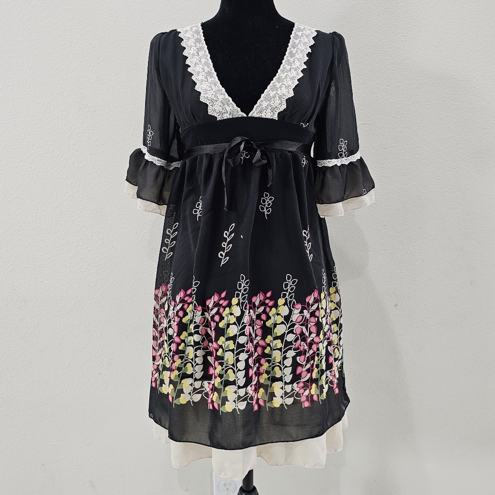 Elegant Black Floral Long Sleeve Dress